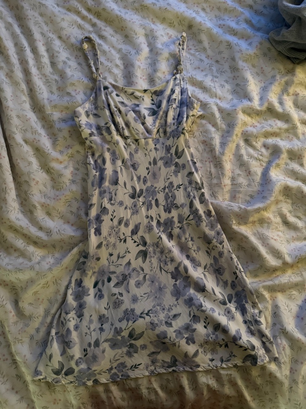 Floral Blue & White Mini Dress with Spaghetti Straps